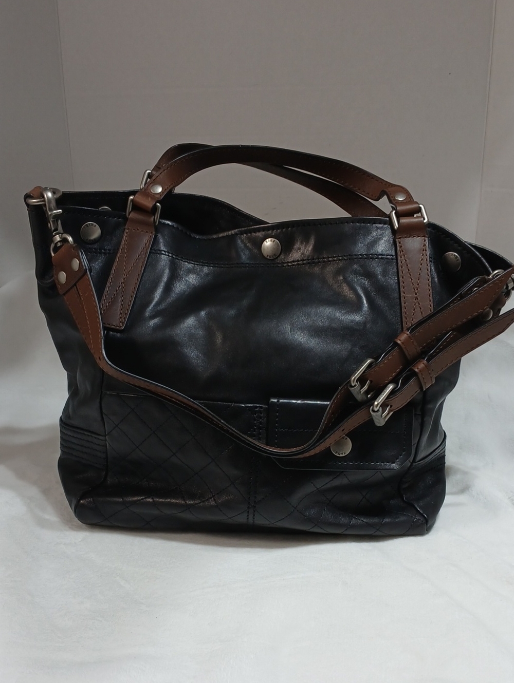 Frye Samantha Quilted Black/ Brown Leather Tote Bag - Classic Women's Handbag